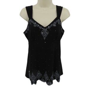 Y2K Dressbarn Petite Medium PM Black Embellished V Neck Going Out Top Shirt Tank